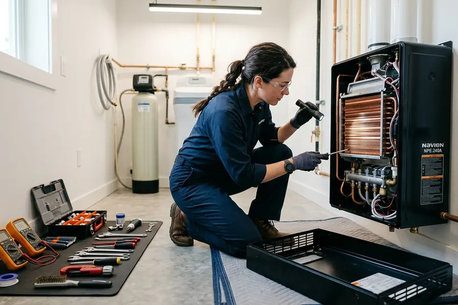 Water Heater Jockey plumber servicing a tankless water heater in Johnsonville